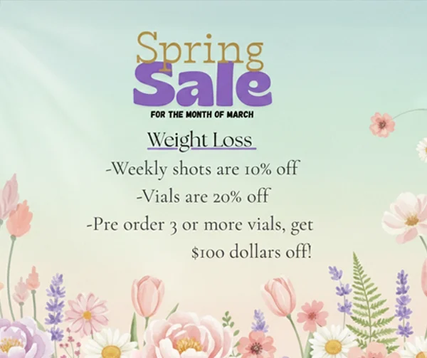 Sky blue flyer with pink and purple spring buds announcing a Spring sale for the month of March